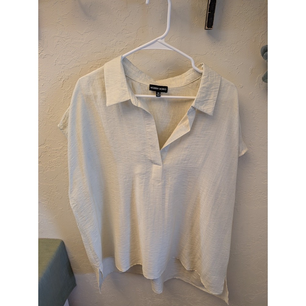 MODERN WORKS Women's Beige Collared Short Sleeve Tunic Top Size 2X